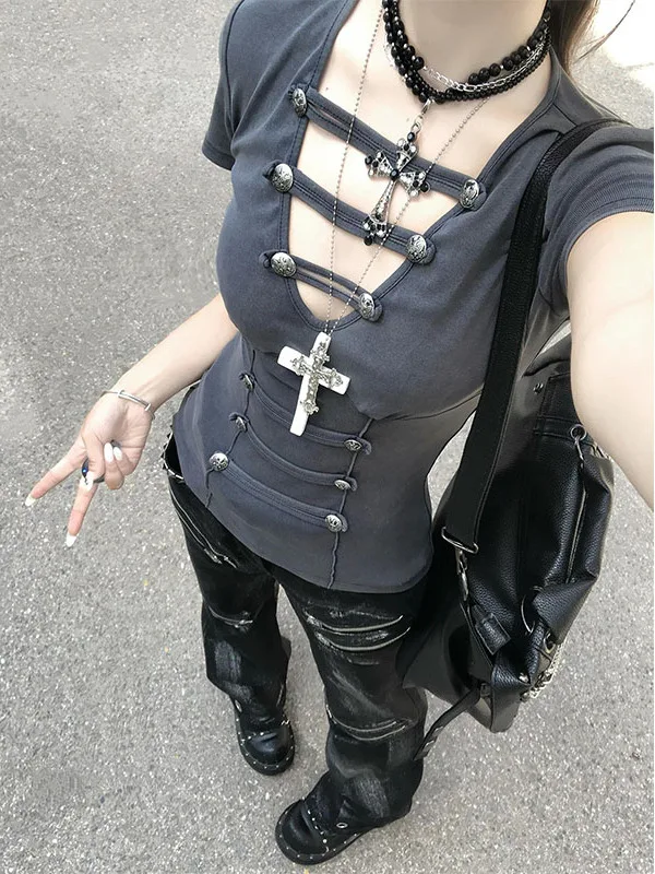 Washed Vintage Short Sleeve V-Neck T-Shirt Women's Summer New Style Hollow out Button up Slim Fit Casual Breathable Top