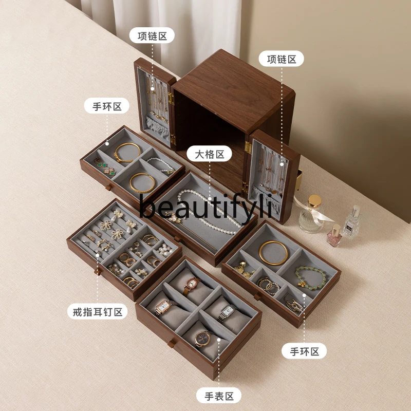 Solid wood jewelry  storage box light luxury high-end gold jewelry box with lock retro national style hand jewelry box