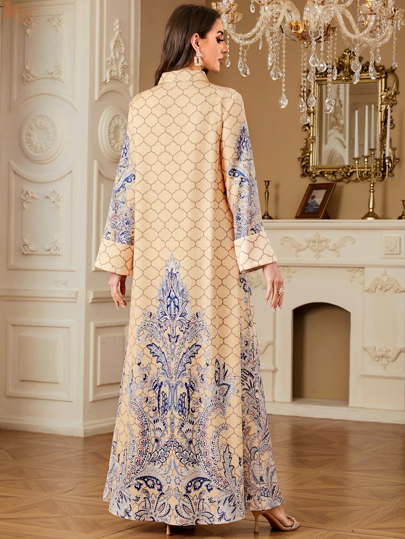 Uni nuevo Dubai estampado de lujo Abaya musulmán elegante vestido con estampado Floral jersey manga larga Keftan 2025