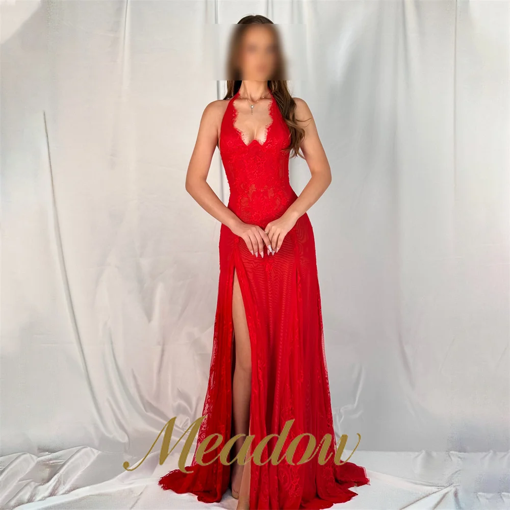 Meadow Red Dresses For Special Events High Front Side Slit Party Dresses Halter V Neck with Lace Christmas Dress Customizable