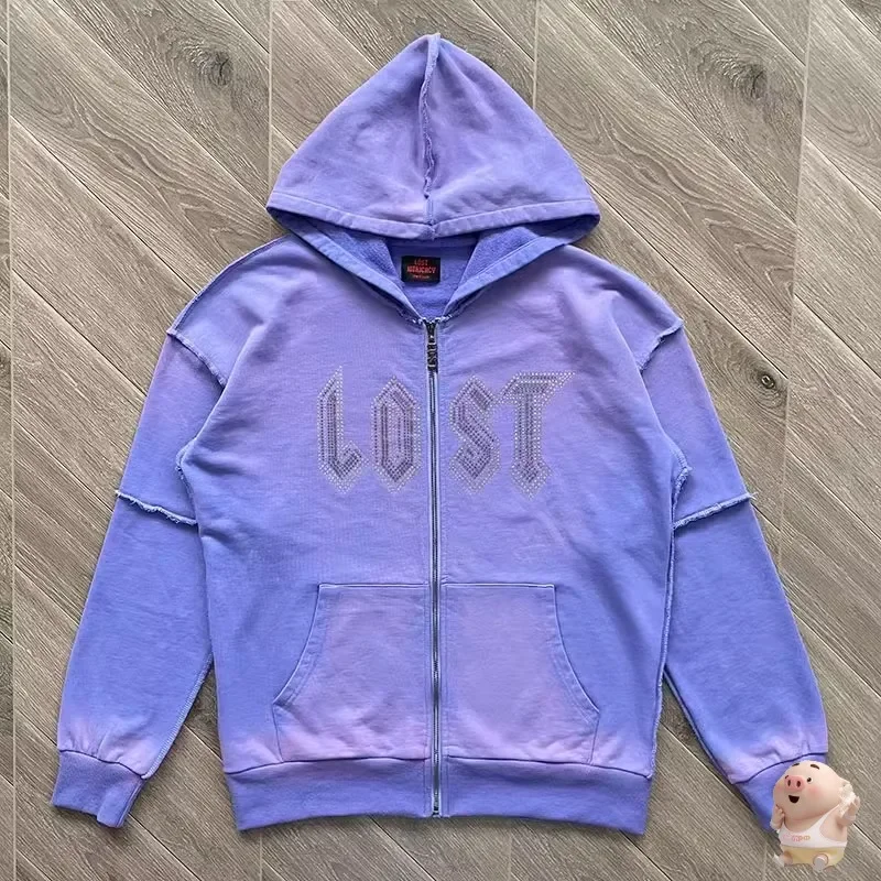 

New Style Best Quality Vintage Lost intricacy Lavender Zip Up Patchwork Hoodie Men Women Oversize Hooded