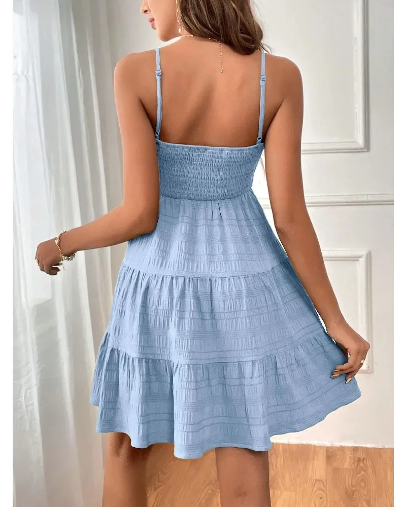 Abiti estivi da donna senza maniche senza schienale Casual Boho smocked Ruffle Sun Beach Babydoll Mini abito a strati Abiti altalena fluidi