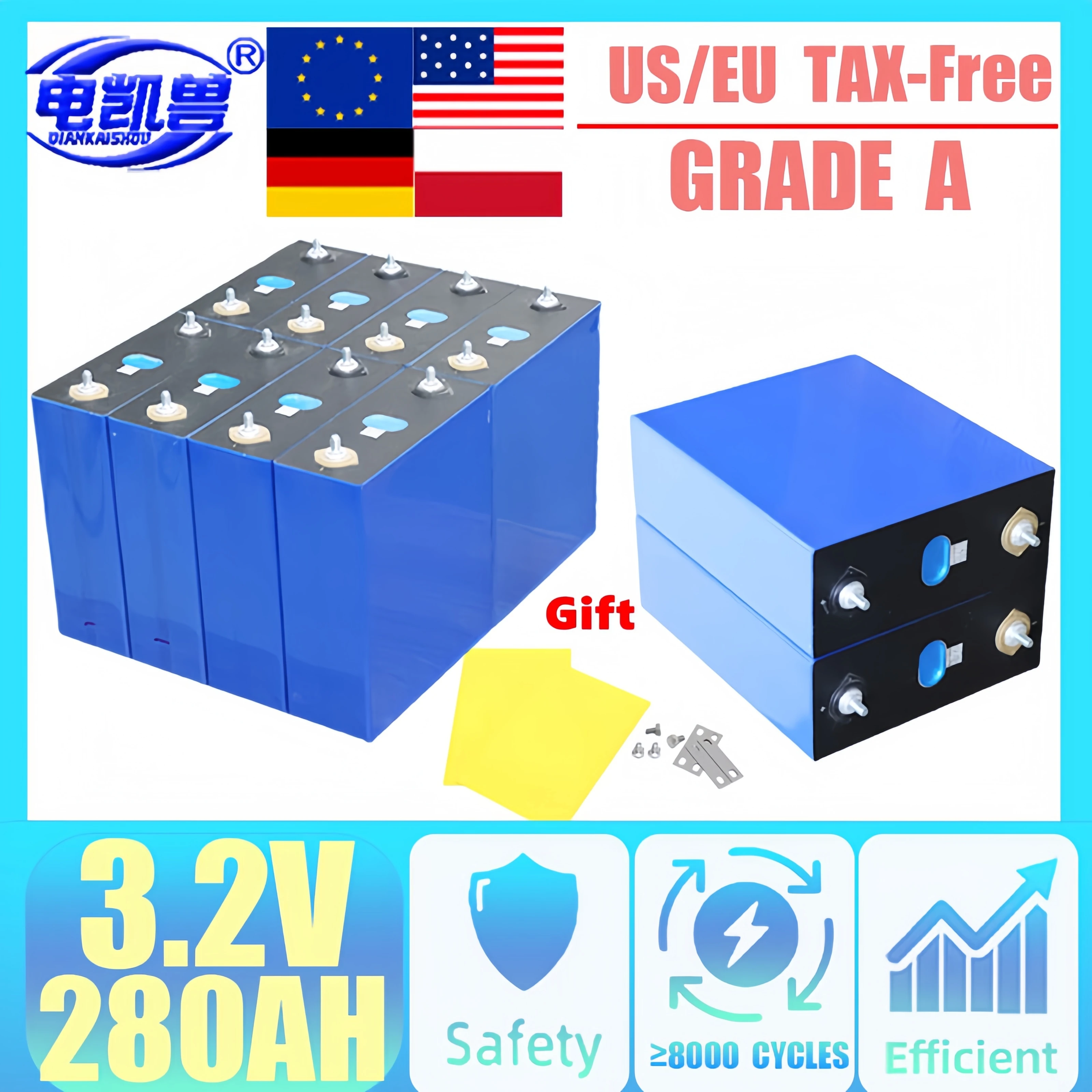 

3.2V 280AH Lifepo4 Grade A Lithium Iron Phosphate Prismatic Rechargable Battery Pack Cells for RV EV Solar PV EU US TAX FREE