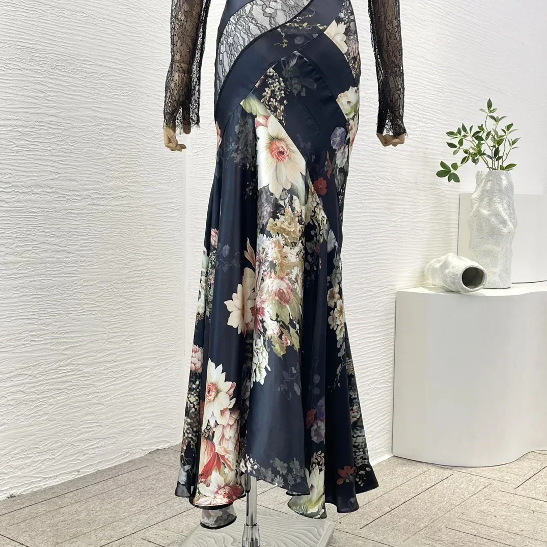 Vrouwelijke nieuwe zijden lange mouwen kant patchwork dames vintage schuine schouders elegante zwarte bloemenprint zeemeermin maxi-jurken