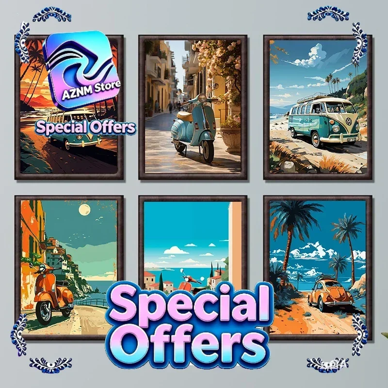 Seaside Electric Car Poster Series Theme Canvas Printing Fashion Popular Colors Mural Studio Home Decoration Art Painting Gif