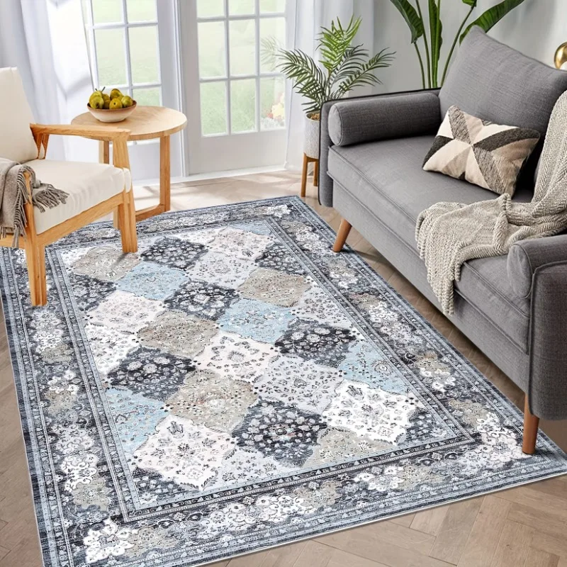 

Vintage Floral Throw Rug Distressed Rug Non-Slip Flannel Indoor Floor Carpet for Bedroom Living Room Laundry, Blue, Home Décor