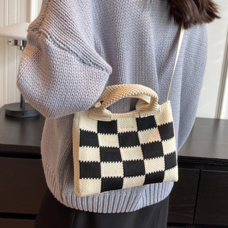 Shoulder Handbag New Checkerboard Knitted Shoulder Handbag Versatile Cute Portable Large Capacity Shoulder Crossbody Bag