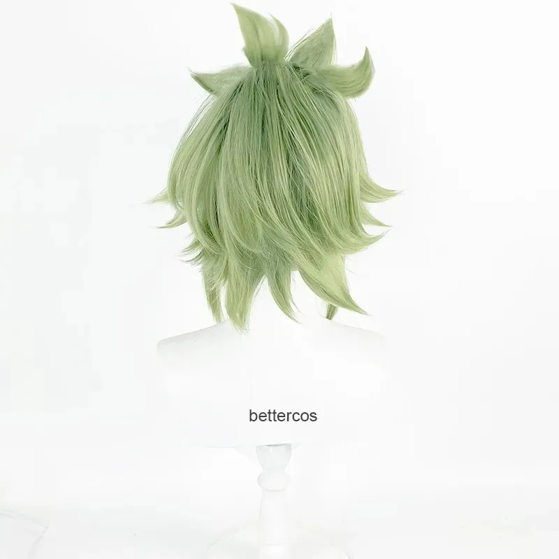 Zz04zz12Kuki Shinobu Cosplay verde claro 33cm corto con flequillo resalta pelucas de fiesta resistentes al calor + gorro de peluca