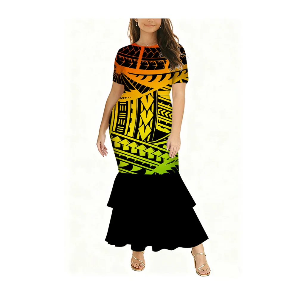 Summer Polynesian Ladies' Round-Neck Short-Sleeved Fitted Fishtail Dress Is Elegant And Stylish Casual Evening Gown