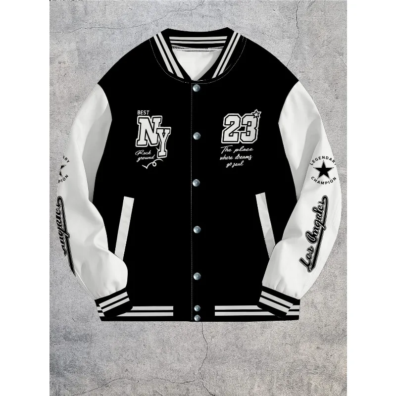 Men'S American Retro Baseball Jacket, Contrast Color Patchwork Letter Print Single-Breasted Coat, Street Trendy Casual Top
