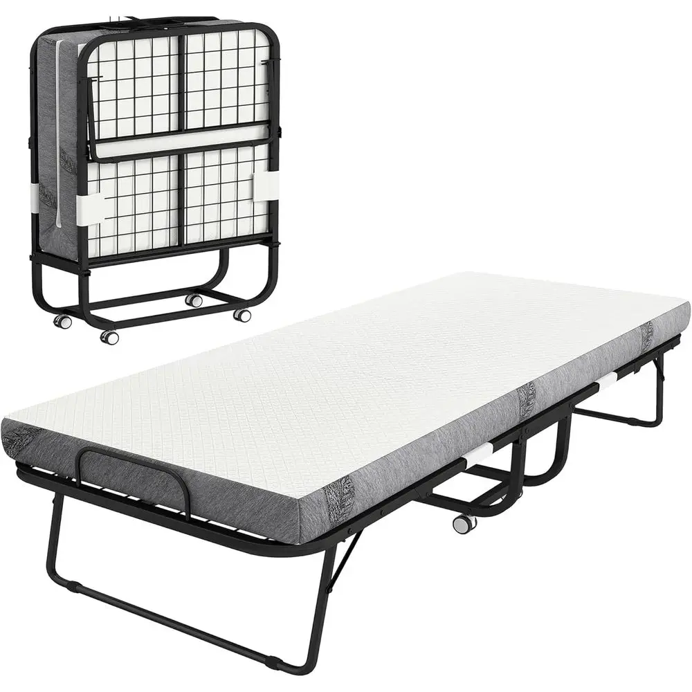 Portable Long Twin Size Folding Bed with 4 Foam Mattress, Space-Saving Steel Frame, White