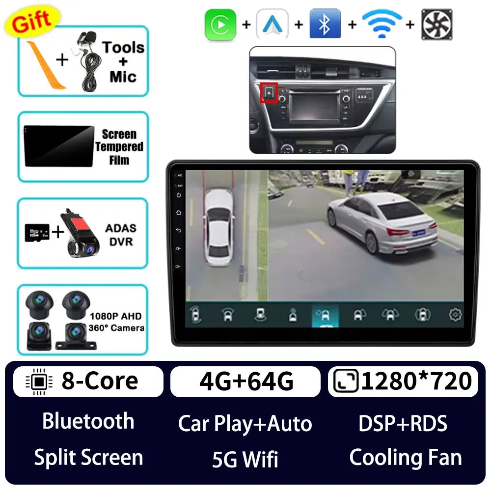 Android 15 Carplay voor Toyota Auris 2013 2014 2015 2016 Corolla E160 E170 LHD 360 camera 5G WIFI autoradio BT videospeler QLED