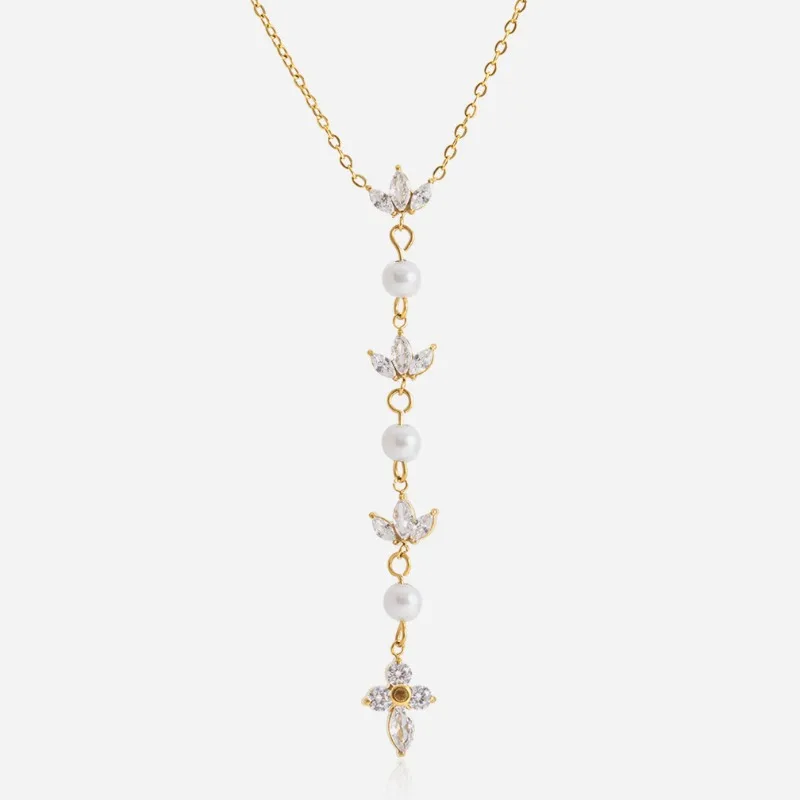 

Minar Dainty Multiple CZ Cubic Zirconia Simulated Pearl Y-shape Pendant Necklaces for Women 18K Gold Stainless Steel Chokers