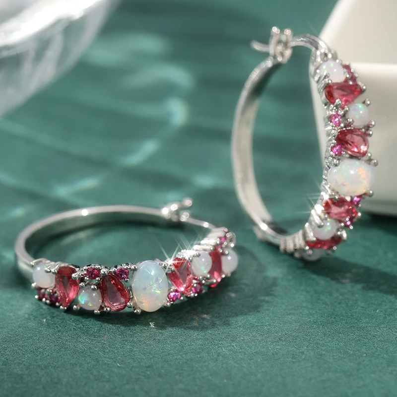 Exquisite silberfarbene, mit rosa Zirkon eingelegte, opalimitierende Damenohrringe, modische Verlobungs-Ohrringe für Damen – Detail 2
