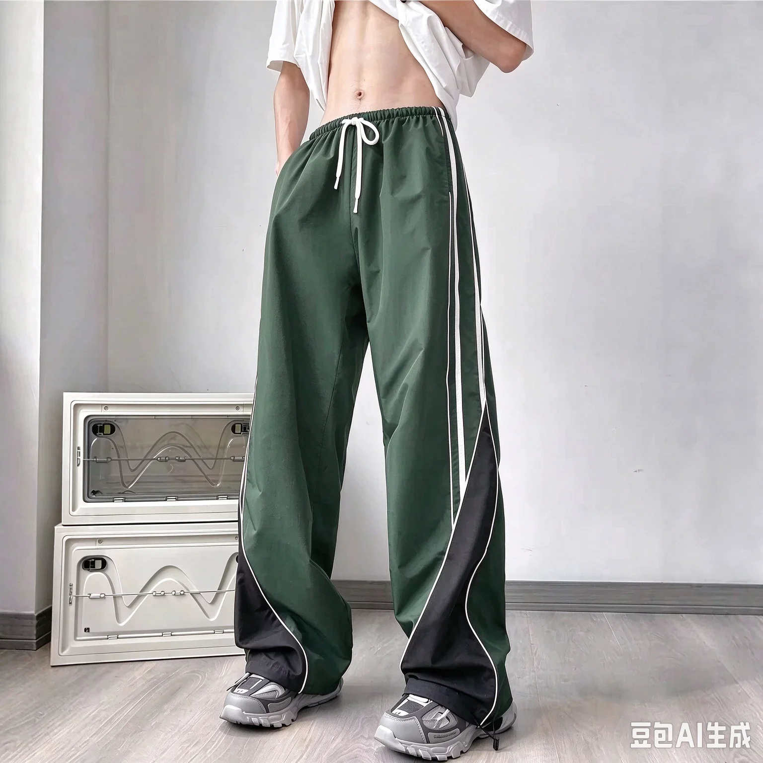 Heißer Verkauf Unisex gebogene weiße Seitenstreifen-Fallschirmhose mit weitem Bein, lockere Baggy-Hose für Herren, Hip-Hop-Streetwear, lässige Sporthose – Detail 4