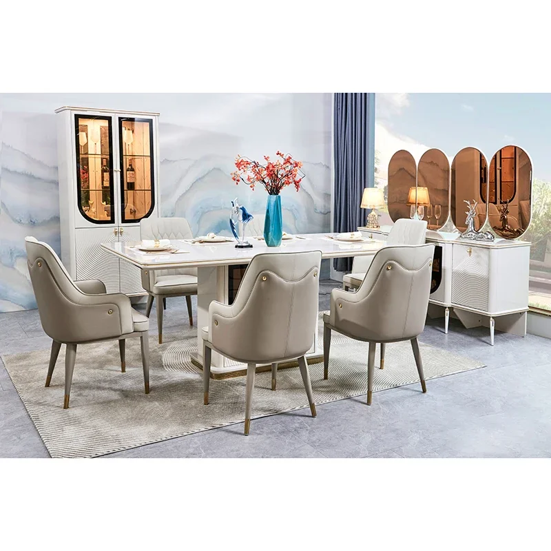 Elegant Luxury Dining Table and Chair Set 6 Seats Furniture Home Storage White Complete Modern Large Wooden Dining Room Set