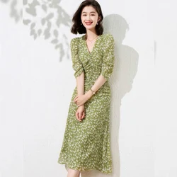 Elegant Floral Dresses for Women 2026 New V-neck Short Sleeve Women's Chiffon Print Midi Dress Summer Beach Green Dress