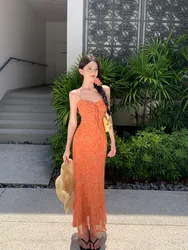 Summer Floral Print Chiffon Dress Women's Belted White Orange Strap Beach Vacation Long Skirt High Waist V-Neck A-Line Gown