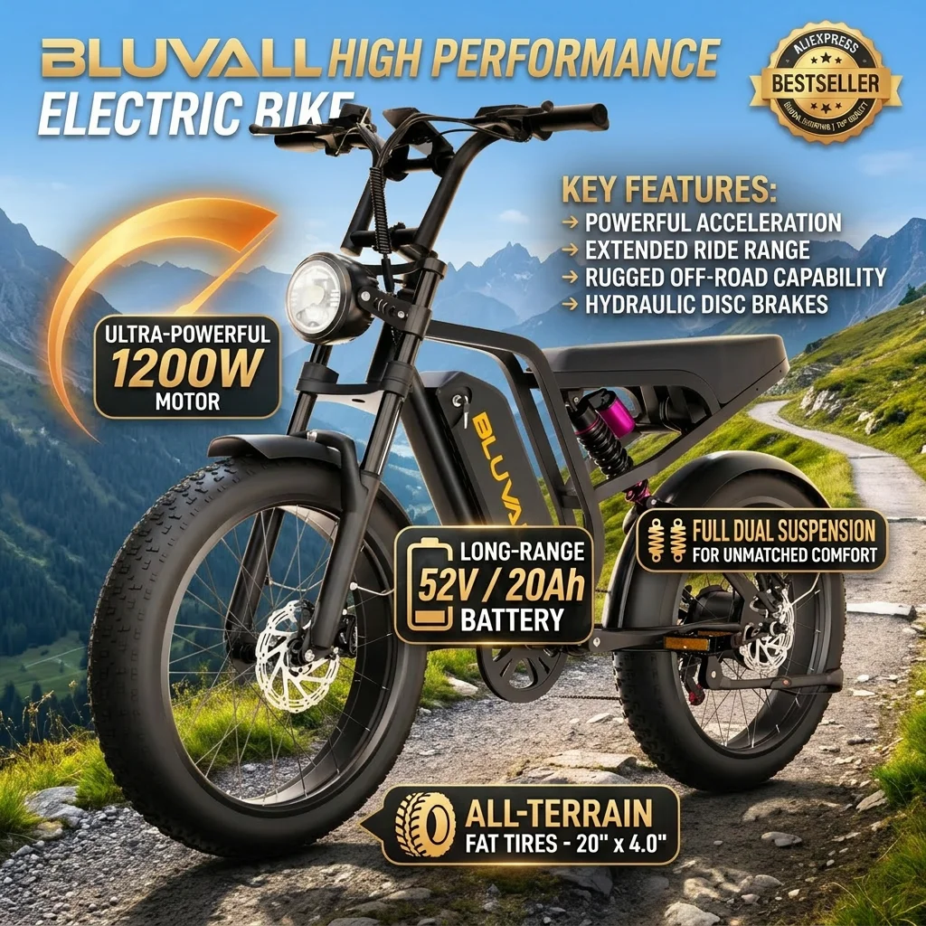 Vélo électrique à pneus larges BLUVALL SU8 1200W Peak, batterie 52V 20Ah 1040Wh, suspension intégrale 20x4.0, freins hydrauliques, 7 vitesses, 150 kg, vélo électrique