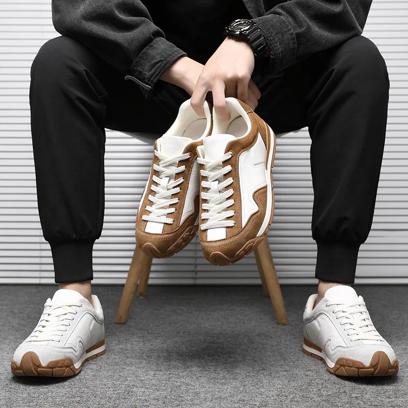New Shoes for Man Cow Leather Casual Shoes Trend Thick-soled Sport Shoes Youth Lace-up Sneaker