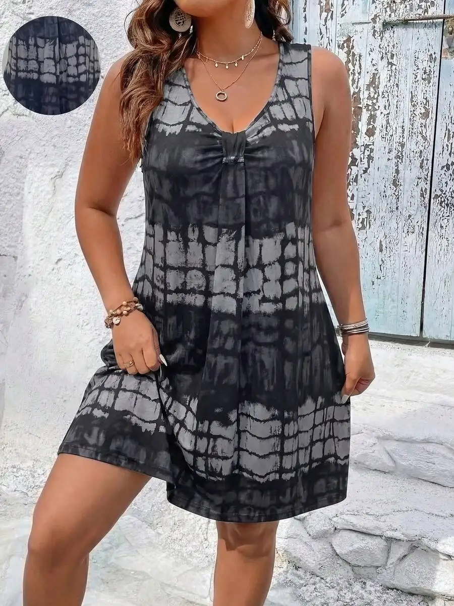 

Plus Size Women’s Sleeveless A-Line Dress With Gray Black Abstract Tie-Dye Print, Front Twist Knot And Asymmetrical Hem For