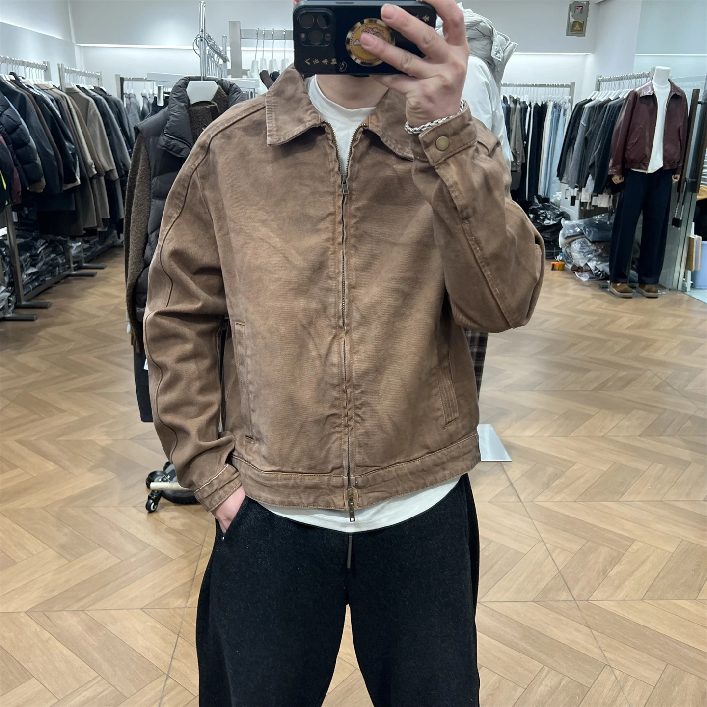 

Ретро-куртка из чистого хлопка для мужчин, легкая, с эффектом роскошного ощущения, свободного кроя, на молнии, повседневная, для весеннего сезона