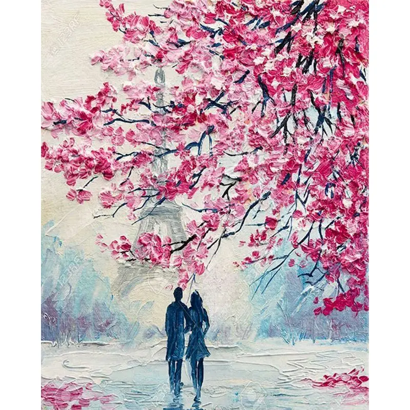 GATYZTORY Ölgemälde nach Zahlen, rosa Landschaft, DIY-Zimmer-Wandkunst, Bilder nach Zahlen, Blume für Erwachsene, Heimdekoration