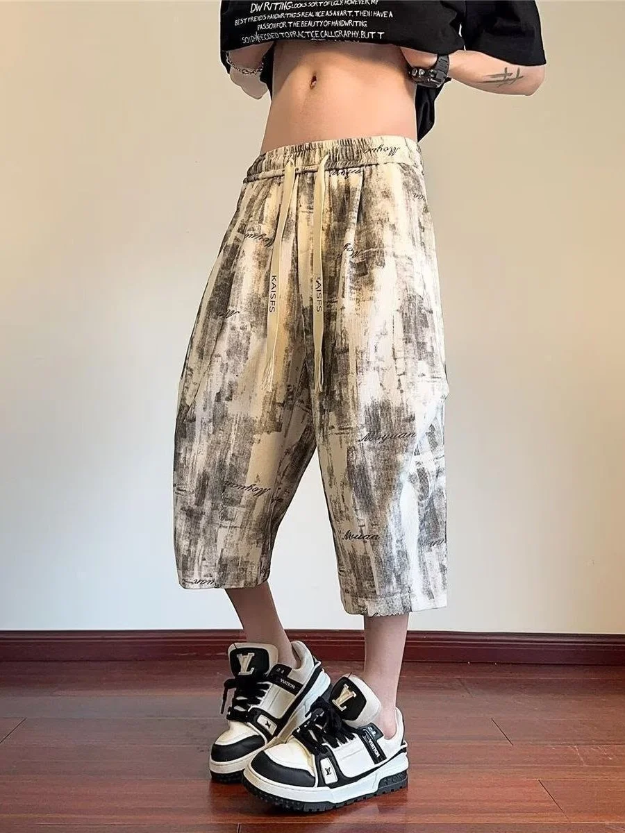 Men's Summer Fashion Tie Dye Ice Silk Casual Sports Shorts Loose Straight Leg 7/8 Length Pants Breathable Quick Dry Comfortable