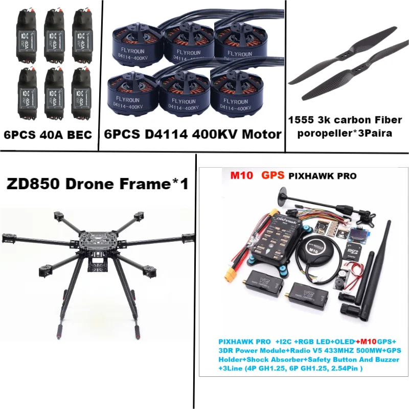 ZD850 PIXHAWK PRO M10 Full Carbon Fiber 850mm Hexa-Rotor Frame BLHELI 40A ESC  Flight Comtrol Rado Telemetry Set