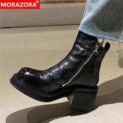 MORAZORA 2025 New Genuine Leather Boots Women Zipper Square High Heels Ankle Boots Black Brown Autumn Winter Modern Boots