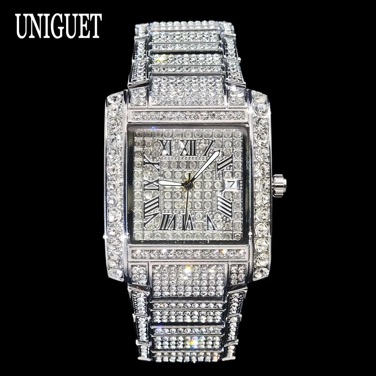 UNIGUET Iced Watch For Men Luxury Stainless Steel Rectangle Watches Hip Hop Big Diamonds Bling AAA Wristwatch Man Dropshipping