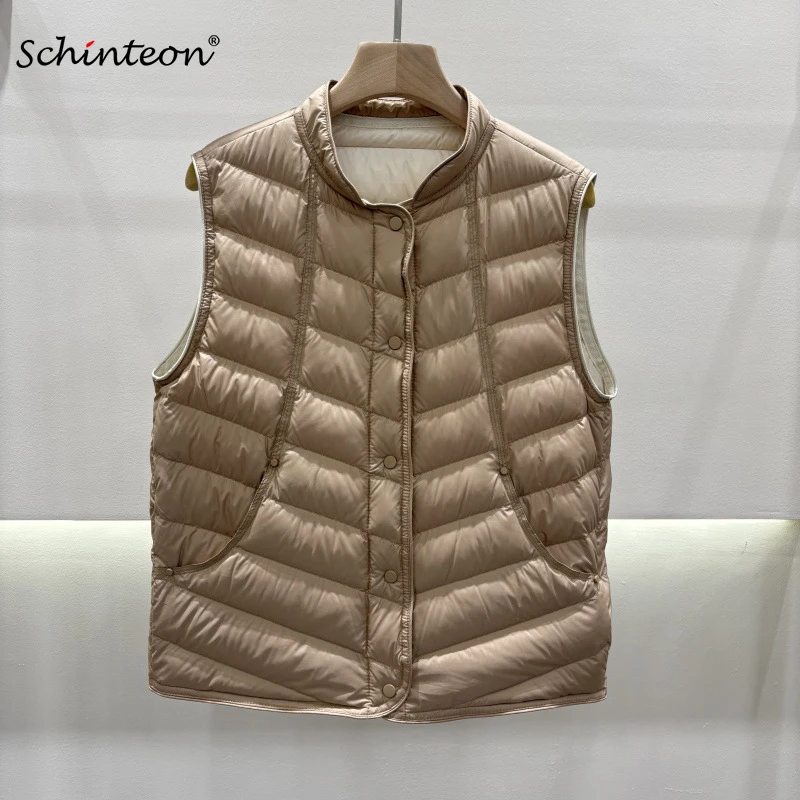 

Schinteon Women Ultralight White Duck Down Short Vest Sleeveless Jacket Stand Collar Fashion Autumn Winter 2026 New