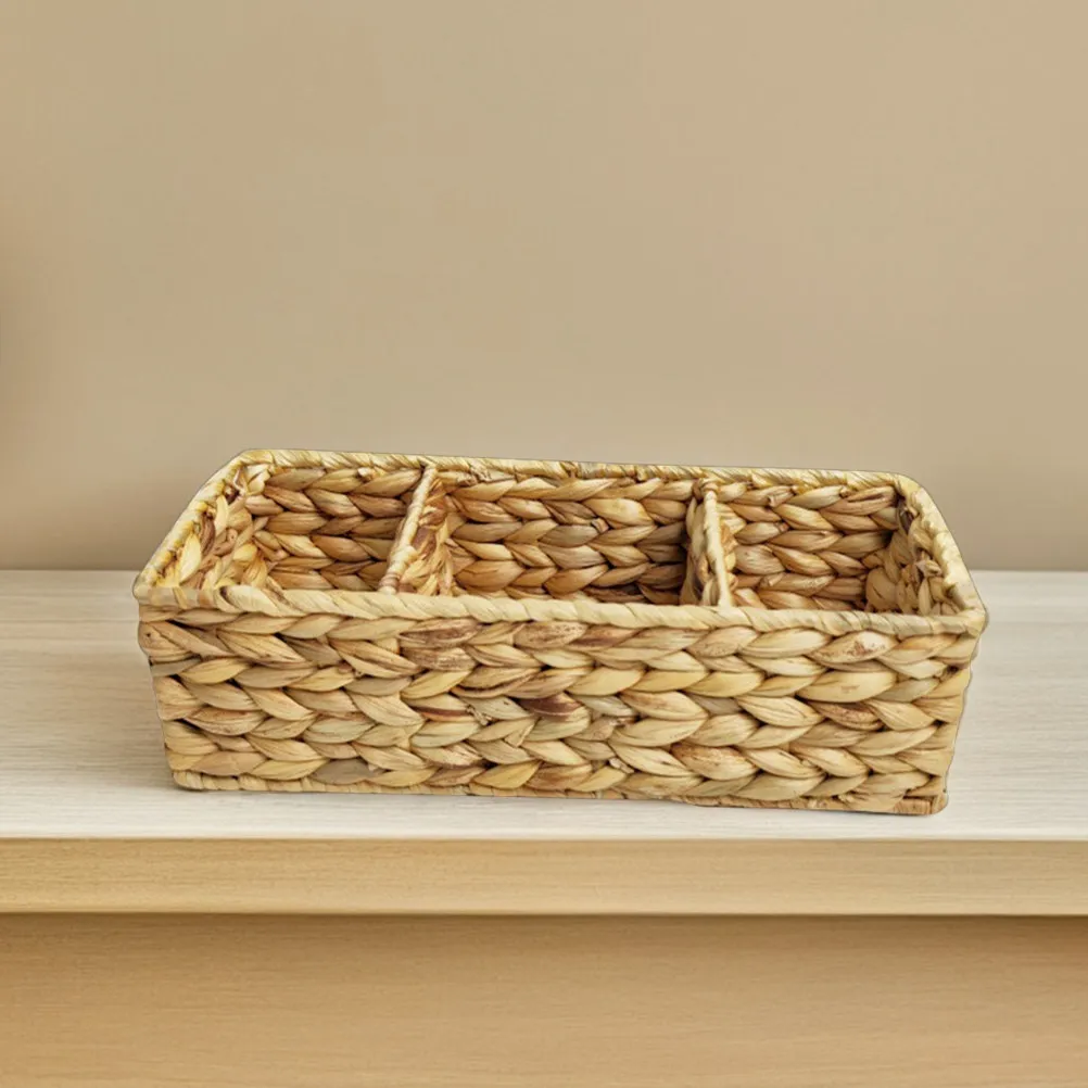 3-Section Handwoven Storage Basket Natural Water Hyacinth Desktop Organizer Kitchen Cutlery Sundries Multi-Purpose Organizer