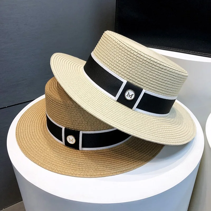Flat top summer straw hat for women on seaside vacation sun protection flat top French straw hat  chapeau femme