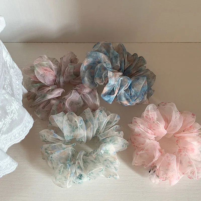 

Korean Style Romantic Floral Organza Bow Hair Tie Spring Summer Vintage Oil Painting Hair Accessories ponytail holder