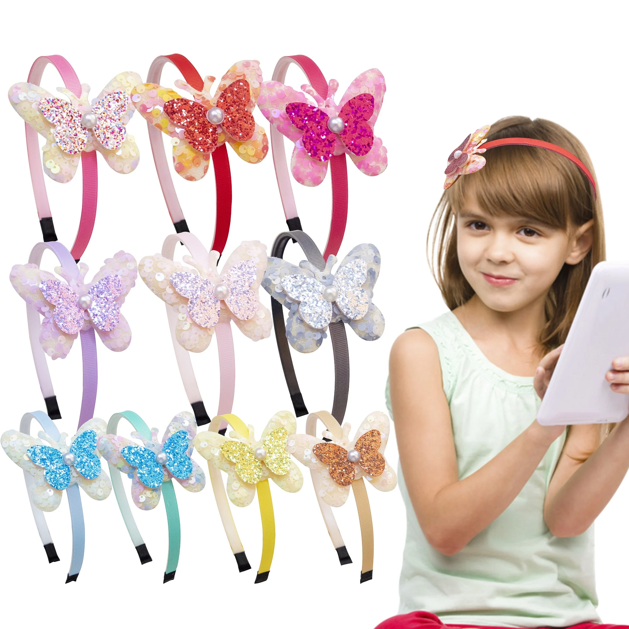 1pc Glitter Double Butterfy Headbands Cute Kids Plastic Hairbands Girls Party Hair Accessories