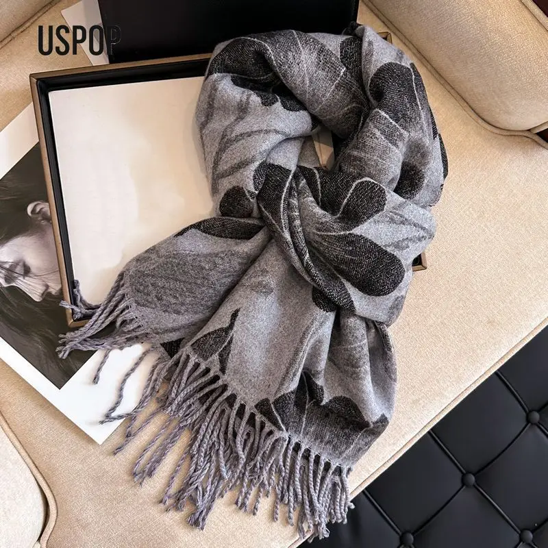 USPOP Large Wide Thick Cashmere-Feel Double-Sided Scarf Shawl with Tassels for Women Autumn Winter Elegant Neck Warmer Wrap