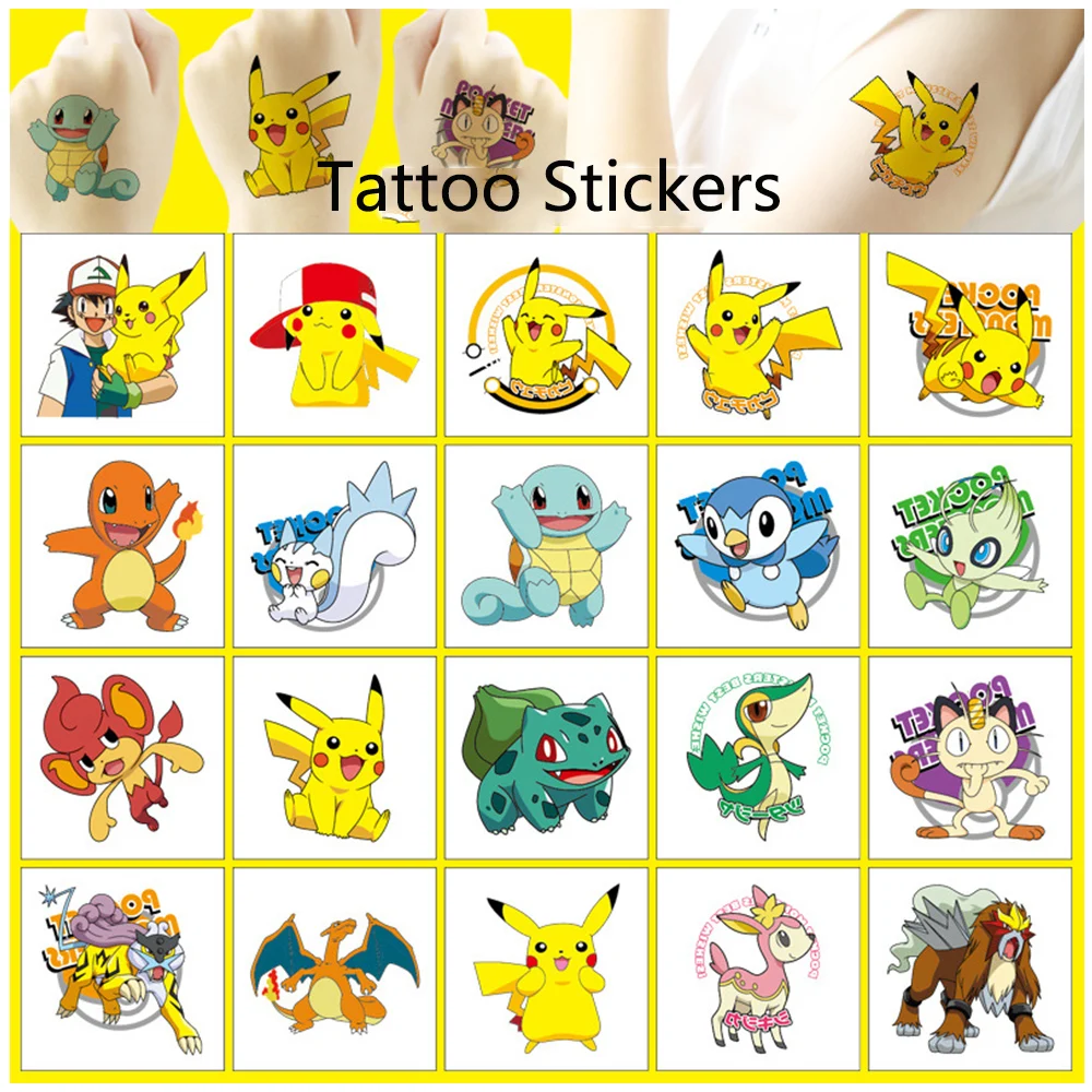 20PCS Cute Cartoon Waterproof Temporary Pokemon Tattoo Stickers for Kids Toys Pikachu Anime Decals Arm Face Body Art Fake Tattoo