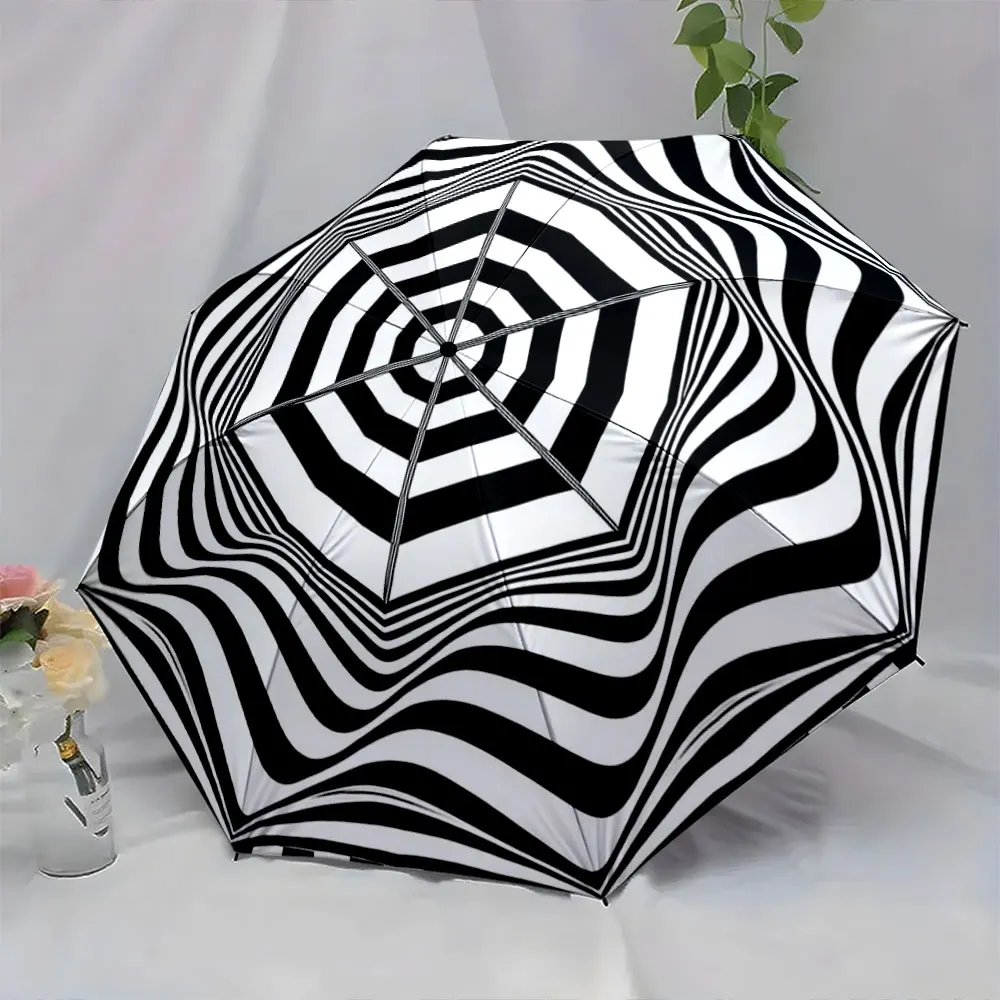 1PC Striking Black and White Optical Illusion Umbrella Print 8 Iron Ribs Folding Umbrella Auto-Open Fashion Sunshade