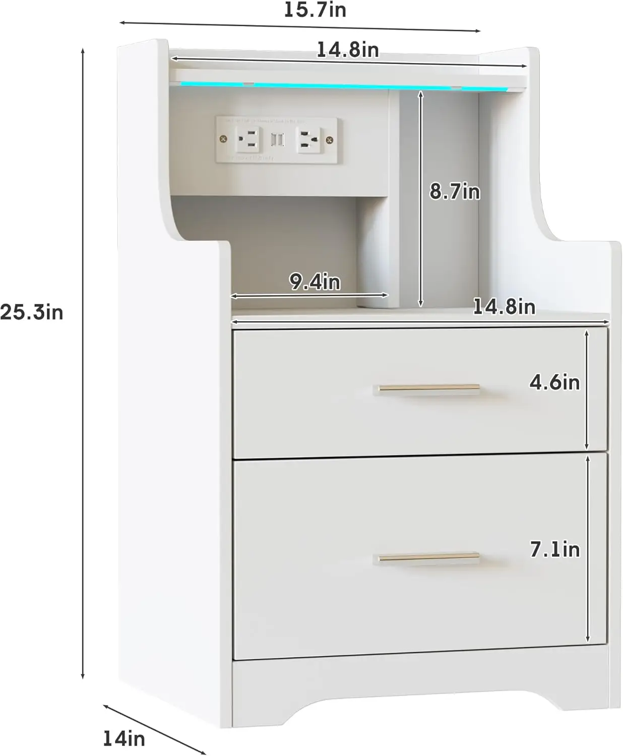 Table de chevet blanche avec station de charge et lumières LED, table de chevet, 2 portes de proximité, rangement ouvert