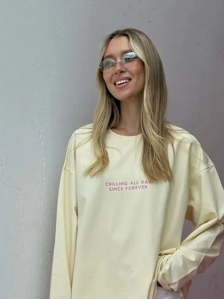 연노랑 100% 면 긴팔 티셔츠 얇은 스웨트셔츠 재미있는 귀여운 레터링 루즈핏 큰 사이즈 대학생 여성 기본 가을 겨울