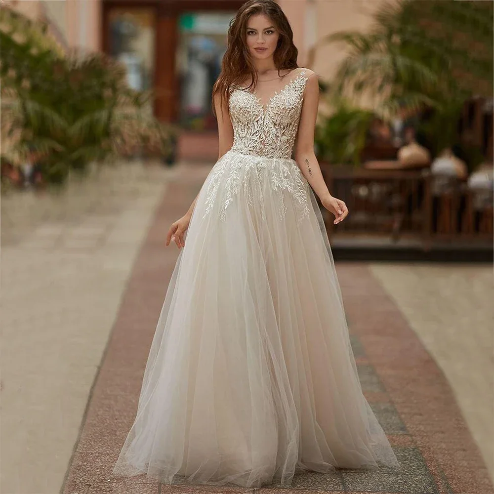 

Customized Elegant Wedding Dresses Exquisite Applique High Quality A-line Sleeveless Back Button Sweep Train Women Bridal Gown