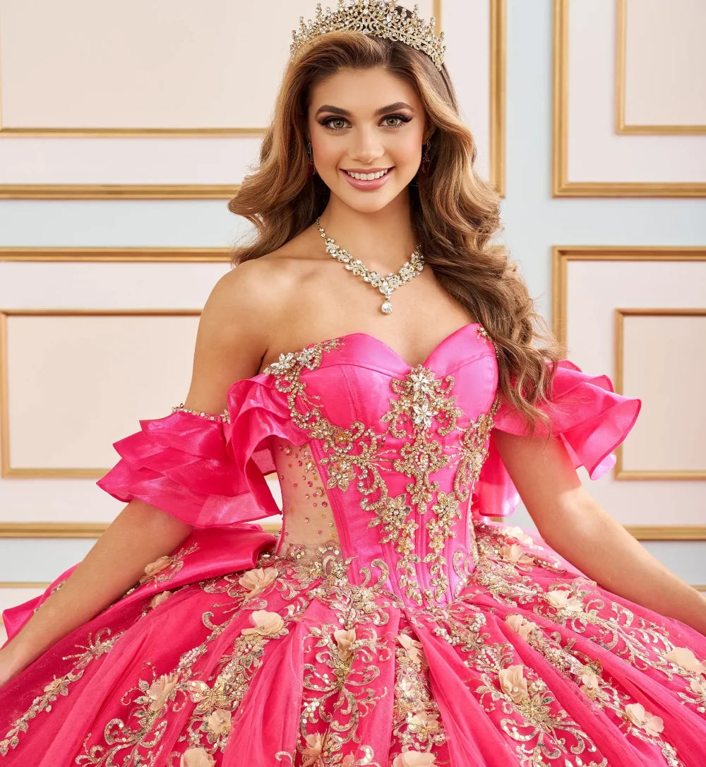 EVLAST Customized Sparkly Pink Quinceanera Dress Ball Gown Gold Lace Applique Beading Tiered Sweet 16 Vestido De 15 Anos E3Q214