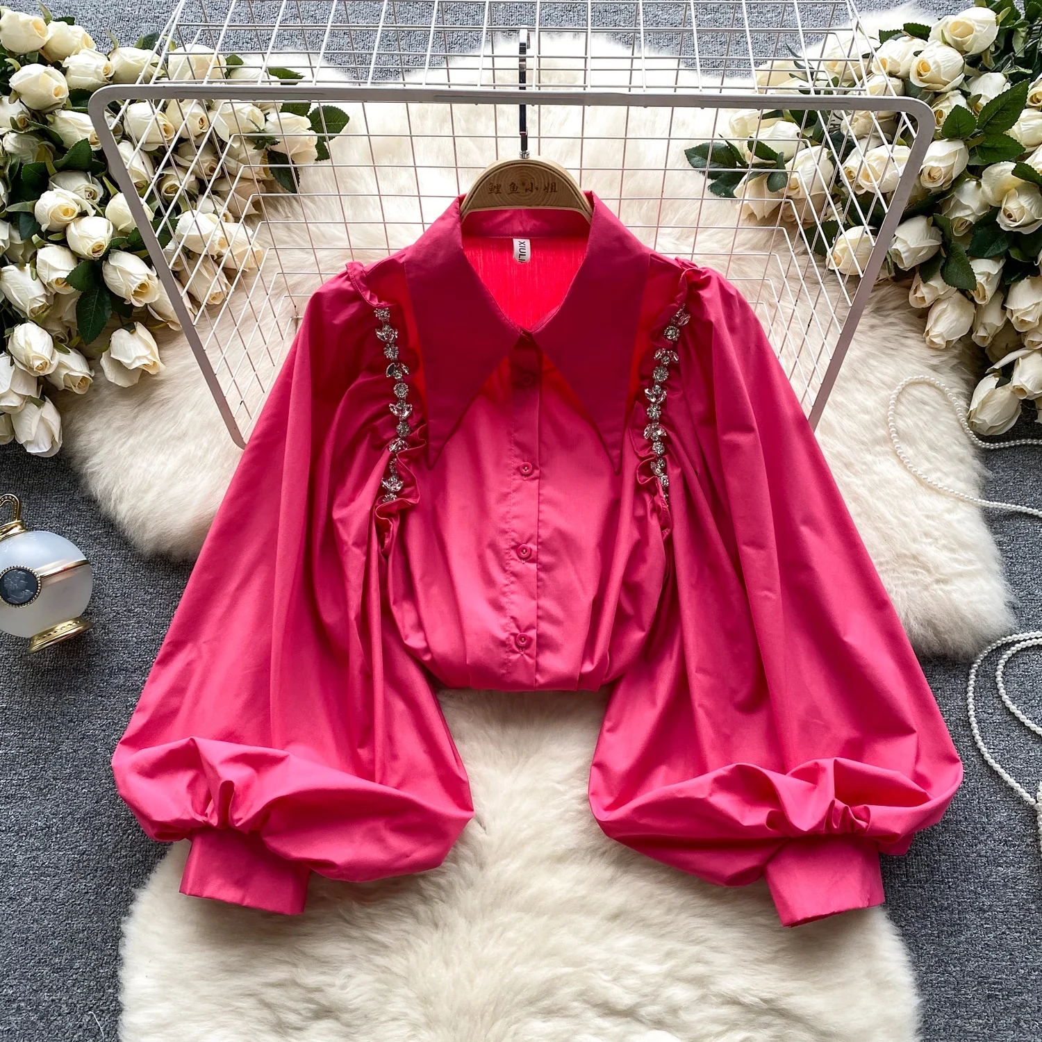 Women Turn Down Collar Lantern Long Sleeve Loose Blouse Slim Elegant French Fashion Top Sexy Spring Summer Women Shirt