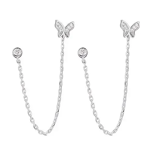 Classic Silver Double Hole Butterfly Stud Earrings Metal Double Pierced Ears Diamond Tassel Butterfly Stud Earrings for Women