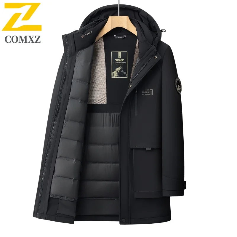 

COMXZ Winter Ultra-light Down Jacket Men High-end Detachable 2-piece Set Warm Duck Down Coat Trendy Hooded Puffer Trench Jacket