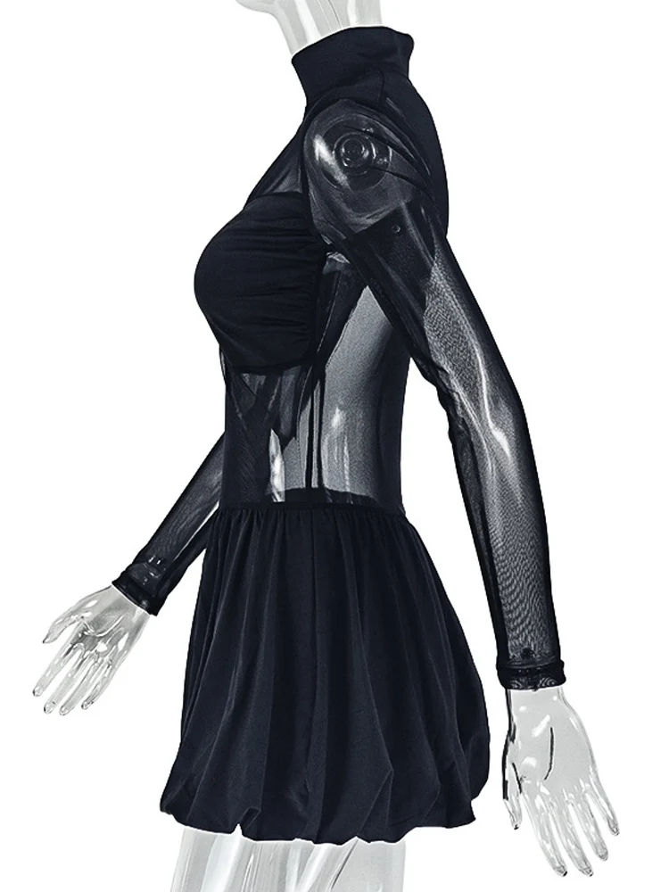 فستان قصير مثير أسود بقماش شفاف من Kricesseen فستان نسائي شفاف بأكمام طويلة وياقة مدورة وتنورة حفلات للنوادي #3