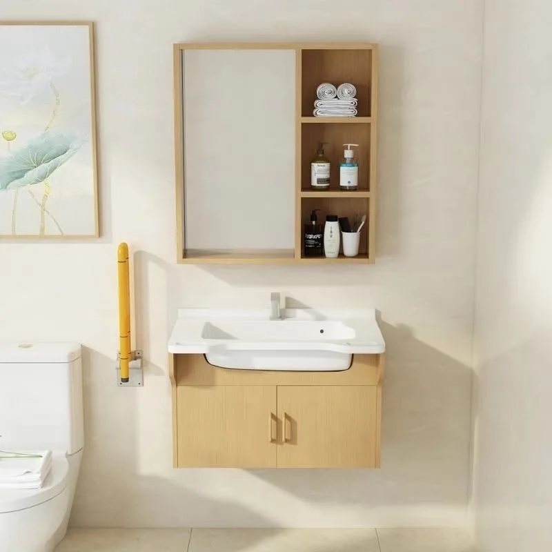 Wellness bathroom cabinet senior-friendly ceramic basin with handrails multi-layer