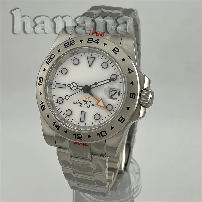 40mm 43mm Men's GMT NH34 Mechanical Watch with Fixed 24-hour bezel Sapphire glass Water Resistant White Luminous Dial Orange GMT