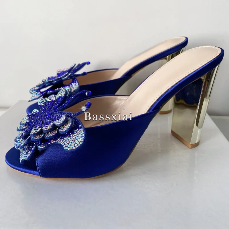 Colorful Rhinestone Flower Decor Women Sandals Women Unique Gold Strange Heel Blue Silk Slingbacks Summer Mules image 5